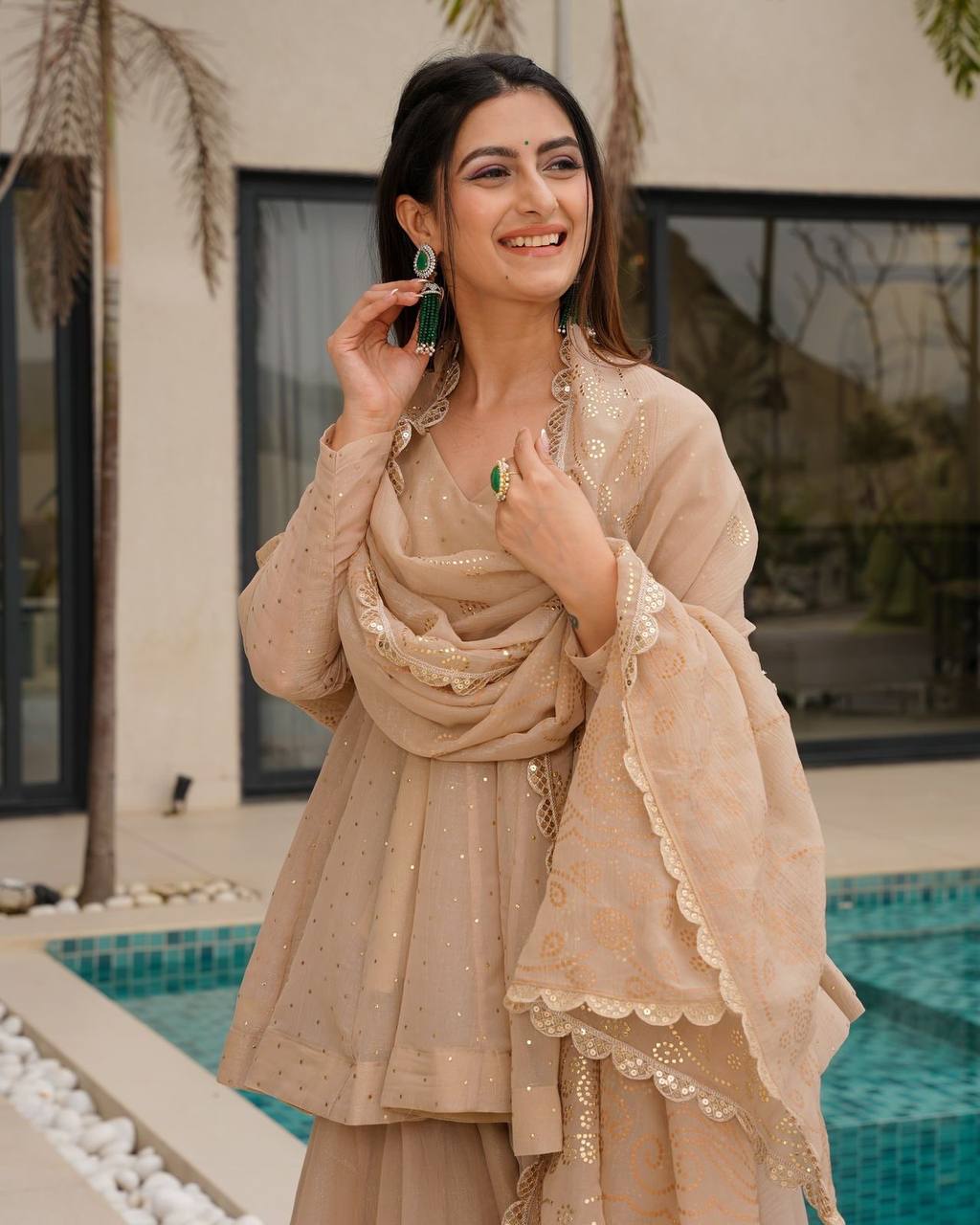 Classy Beige tabby organza mukaish work top palazzo and dupatta