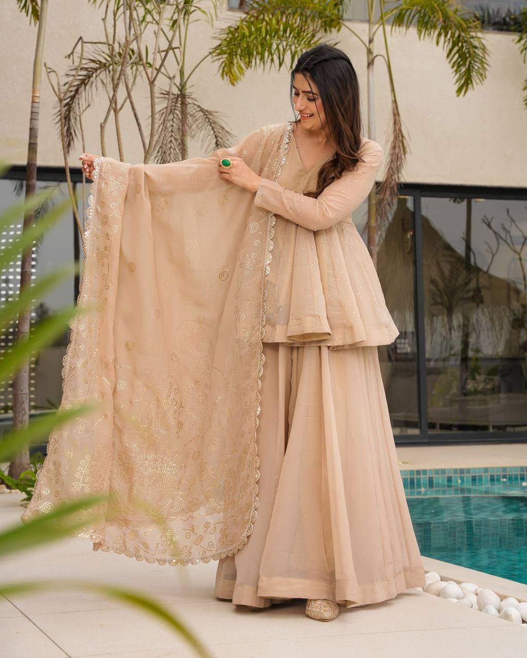Classy Beige tabby organza mukaish work top palazzo and dupatta