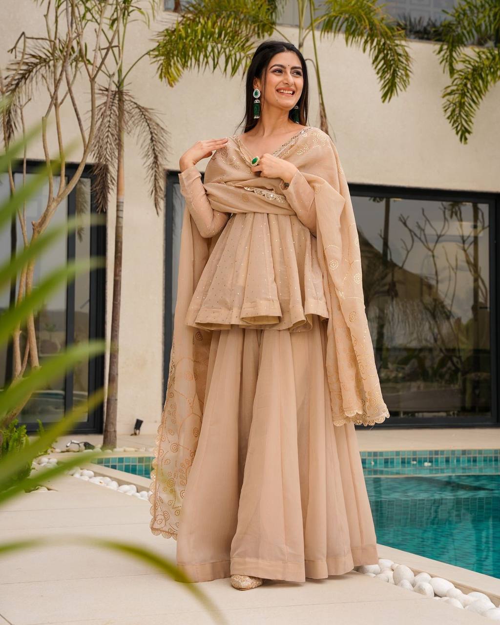 Classy Beige tabby organza mukaish work top palazzo and dupatta