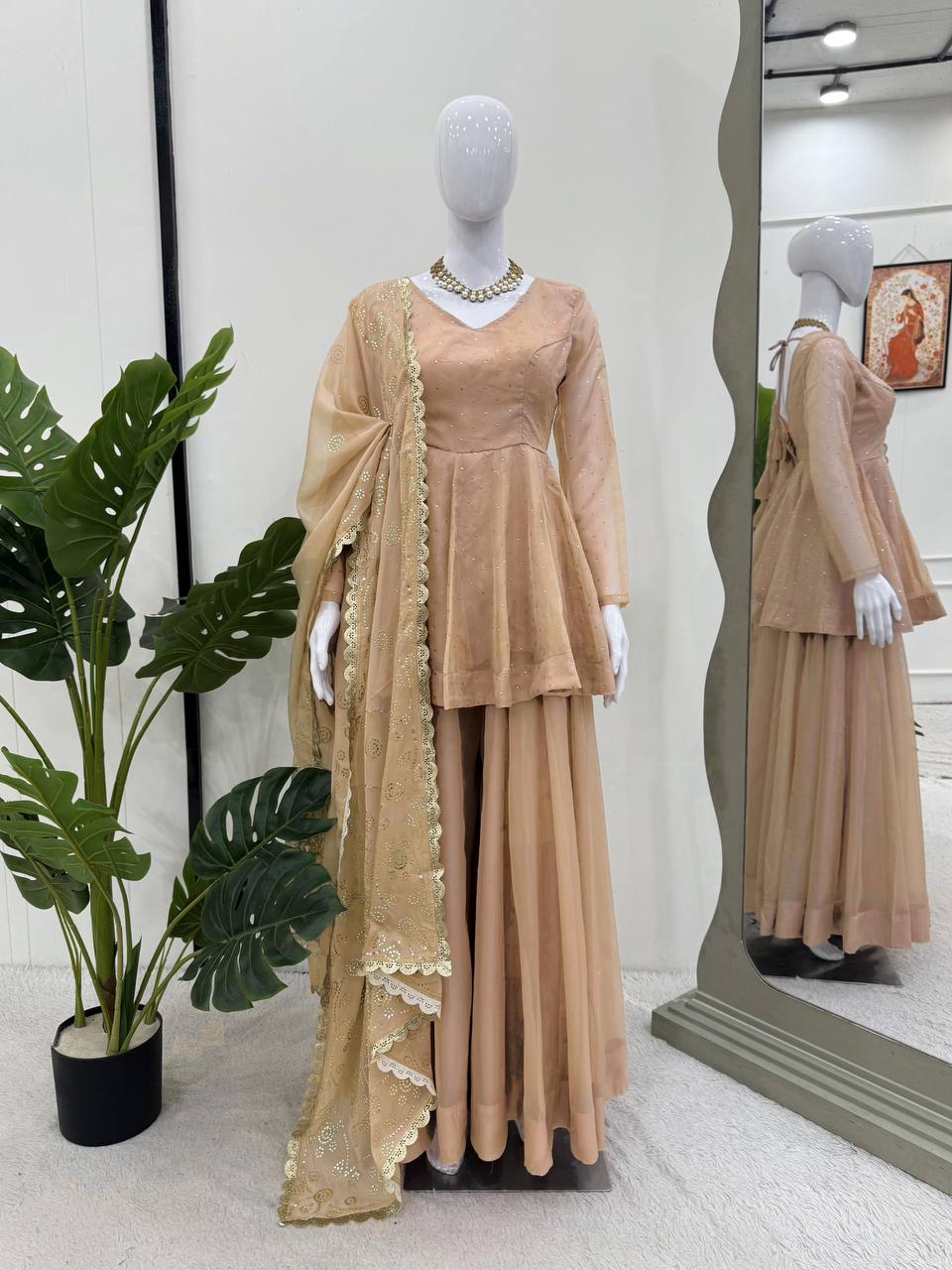 Classy Beige tabby organza mukaish work top palazzo and dupatta