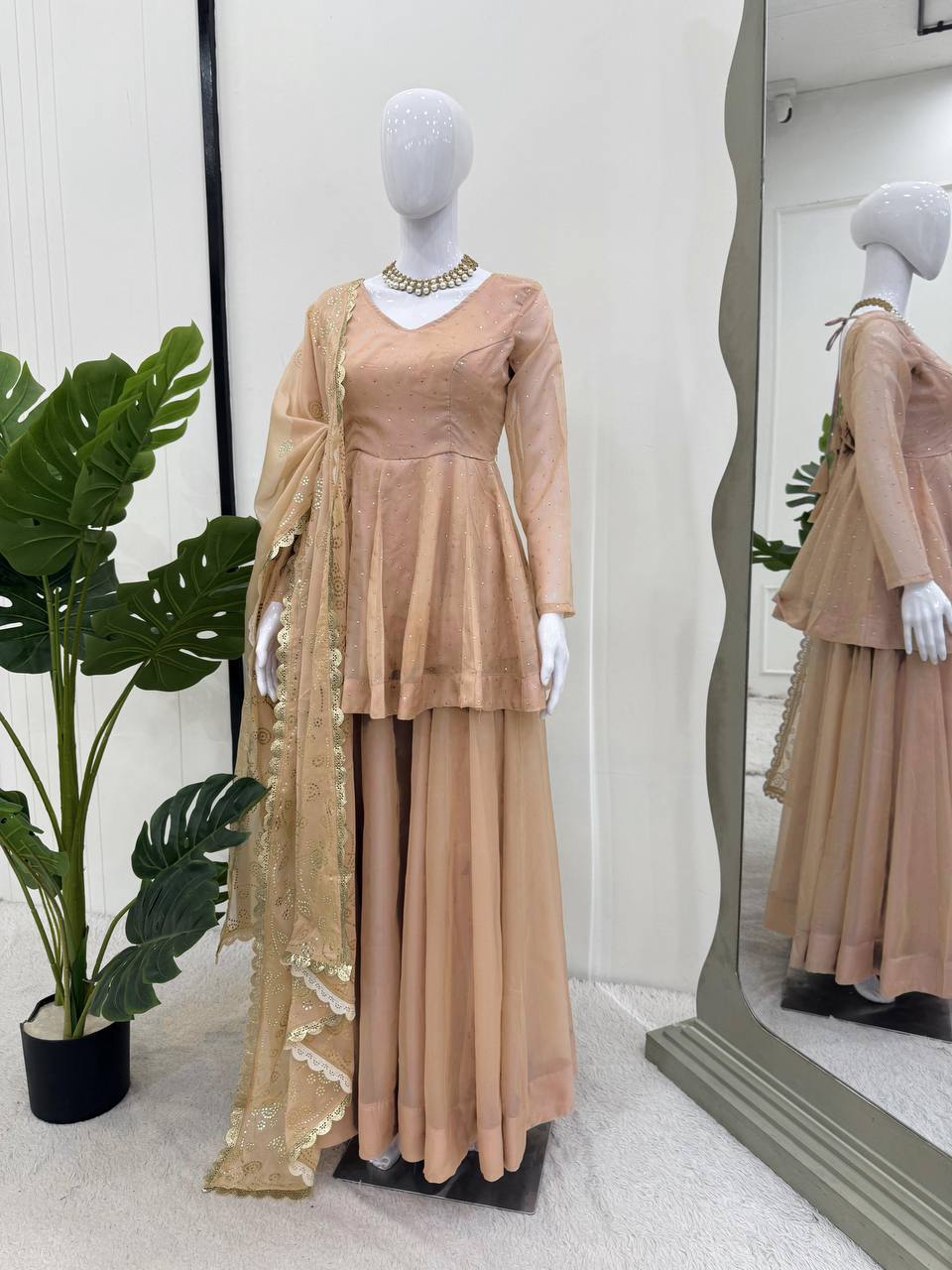 Classy Beige tabby organza mukaish work top palazzo and dupatta