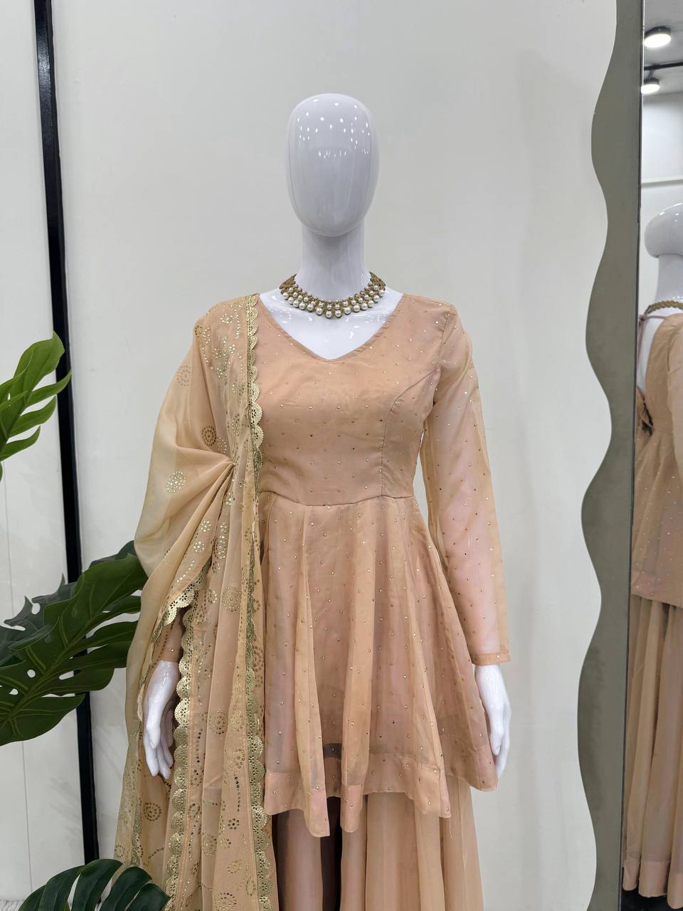 Classy Beige tabby organza mukaish work top palazzo and dupatta