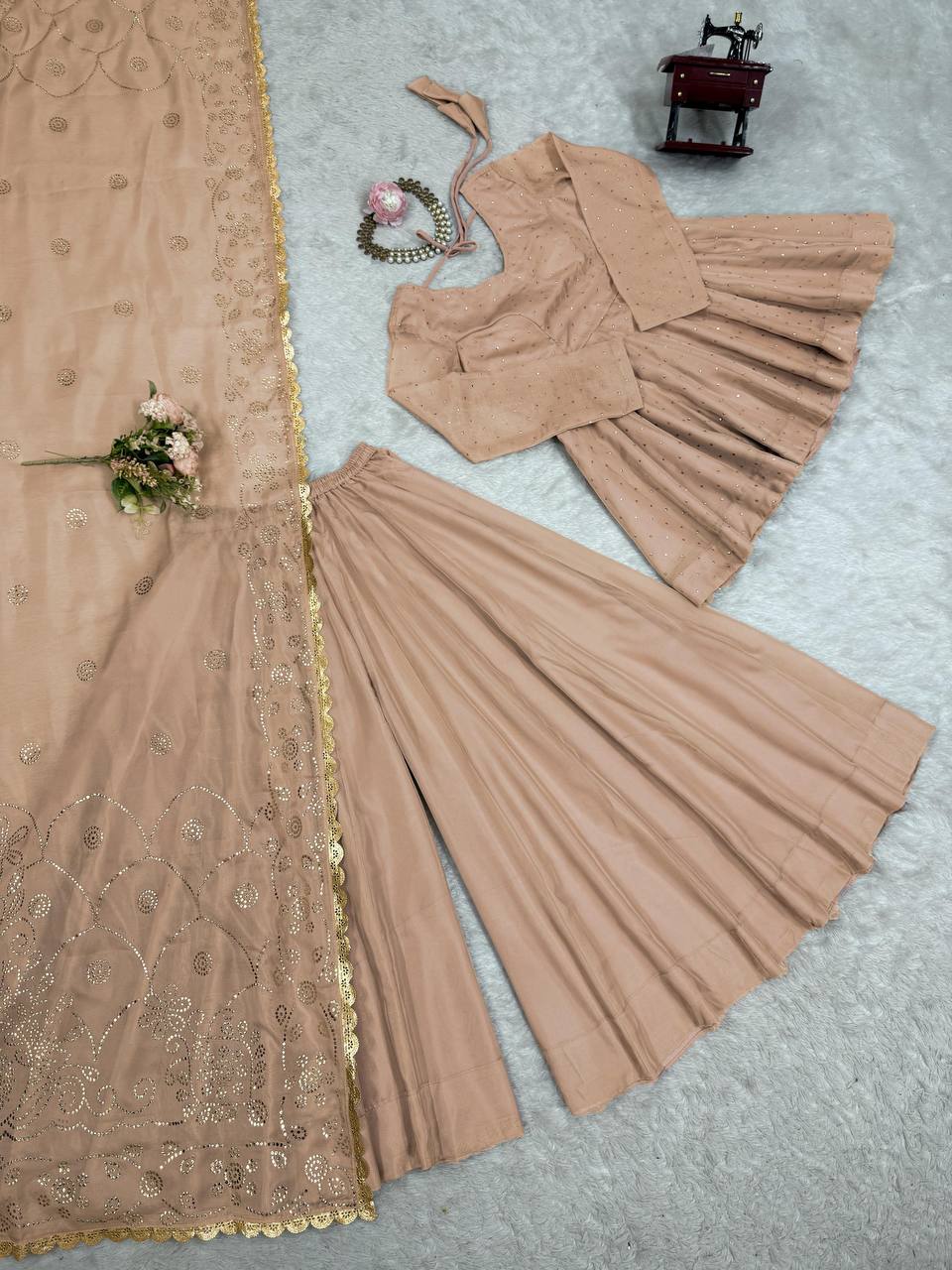 Classy Beige tabby organza mukaish work top palazzo and dupatta