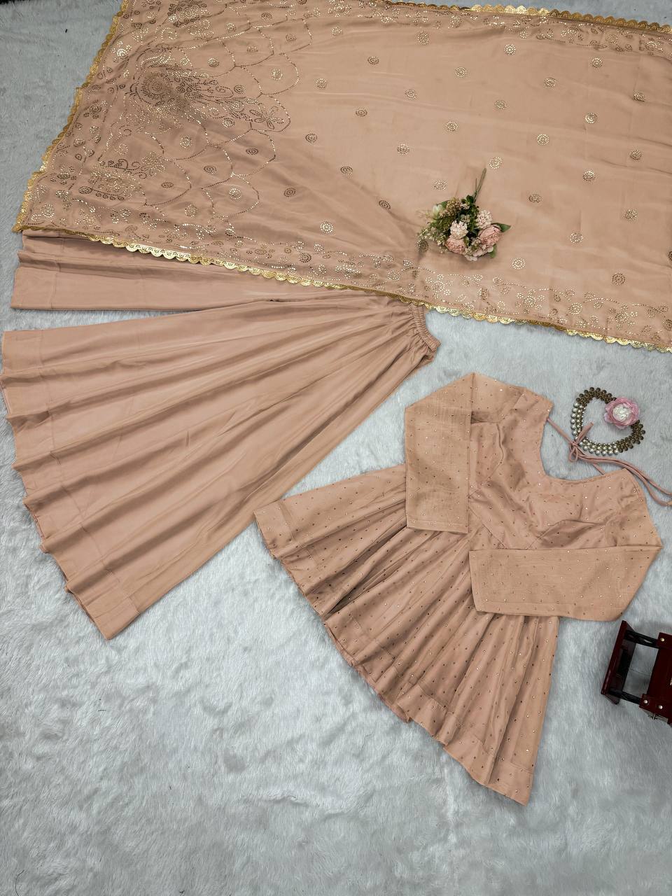 Classy Beige tabby organza mukaish work top palazzo and dupatta