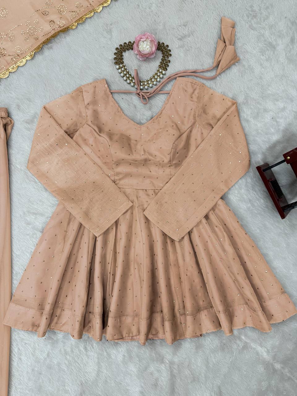 Classy Beige tabby organza mukaish work top palazzo and dupatta
