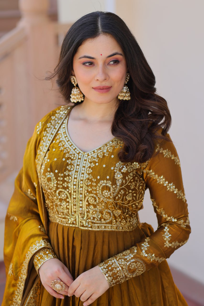 Exquisite Fendy Silk Zari Sequins Worked Gown With Dupatta