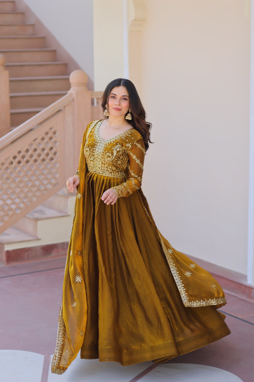Exquisite Fendy Silk Zari Sequins Worked Gown With Dupatta