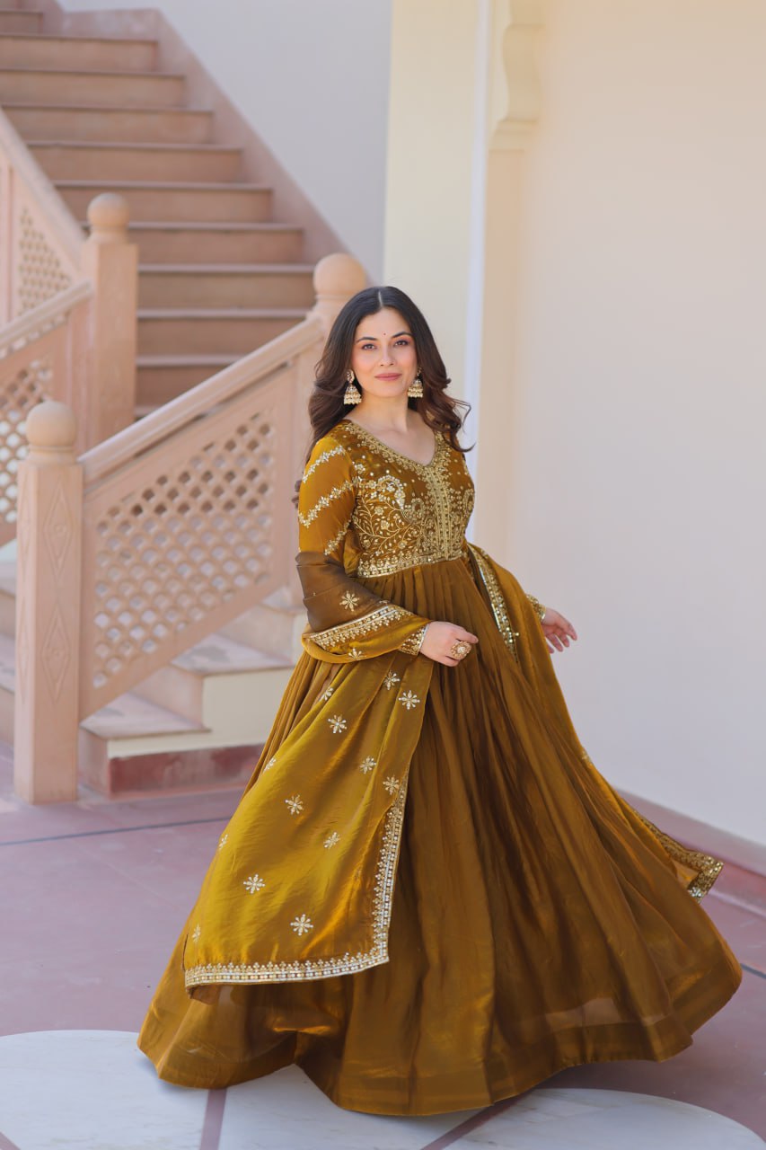 Exquisite Fendy Silk Zari Sequins Worked Gown With Dupatta