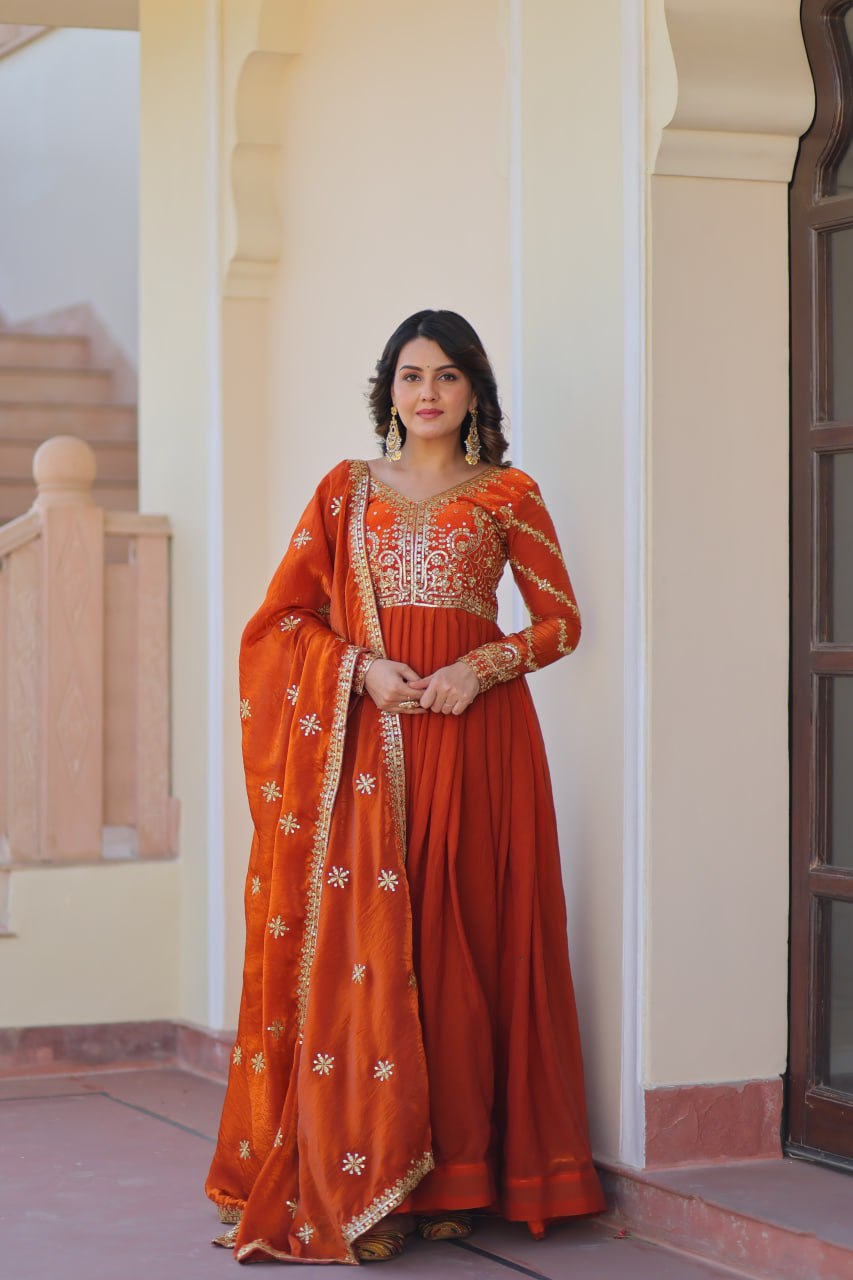 Exquisite Fendy Silk Zari Sequins Worked Gown With Dupatta