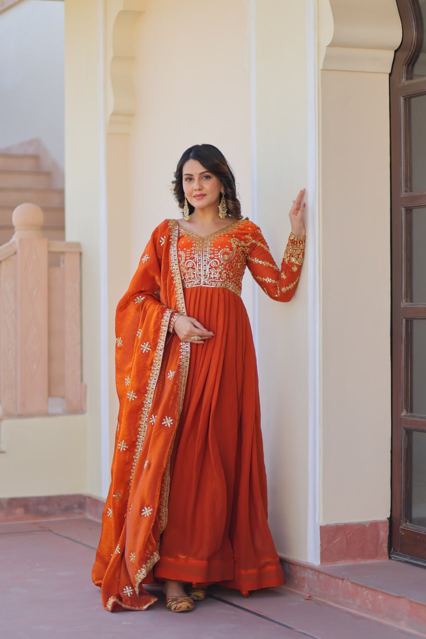 Exquisite Fendy Silk Zari Sequins Worked Gown With Dupatta