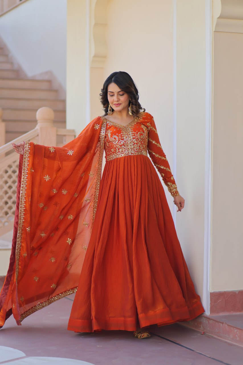 Exquisite Fendy Silk Zari Sequins Worked Gown With Dupatta