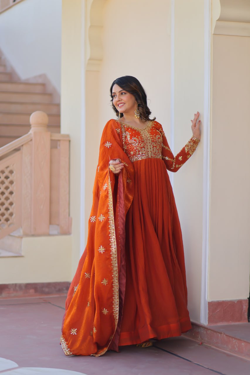 Exquisite Fendy Silk Zari Sequins Worked Gown With Dupatta