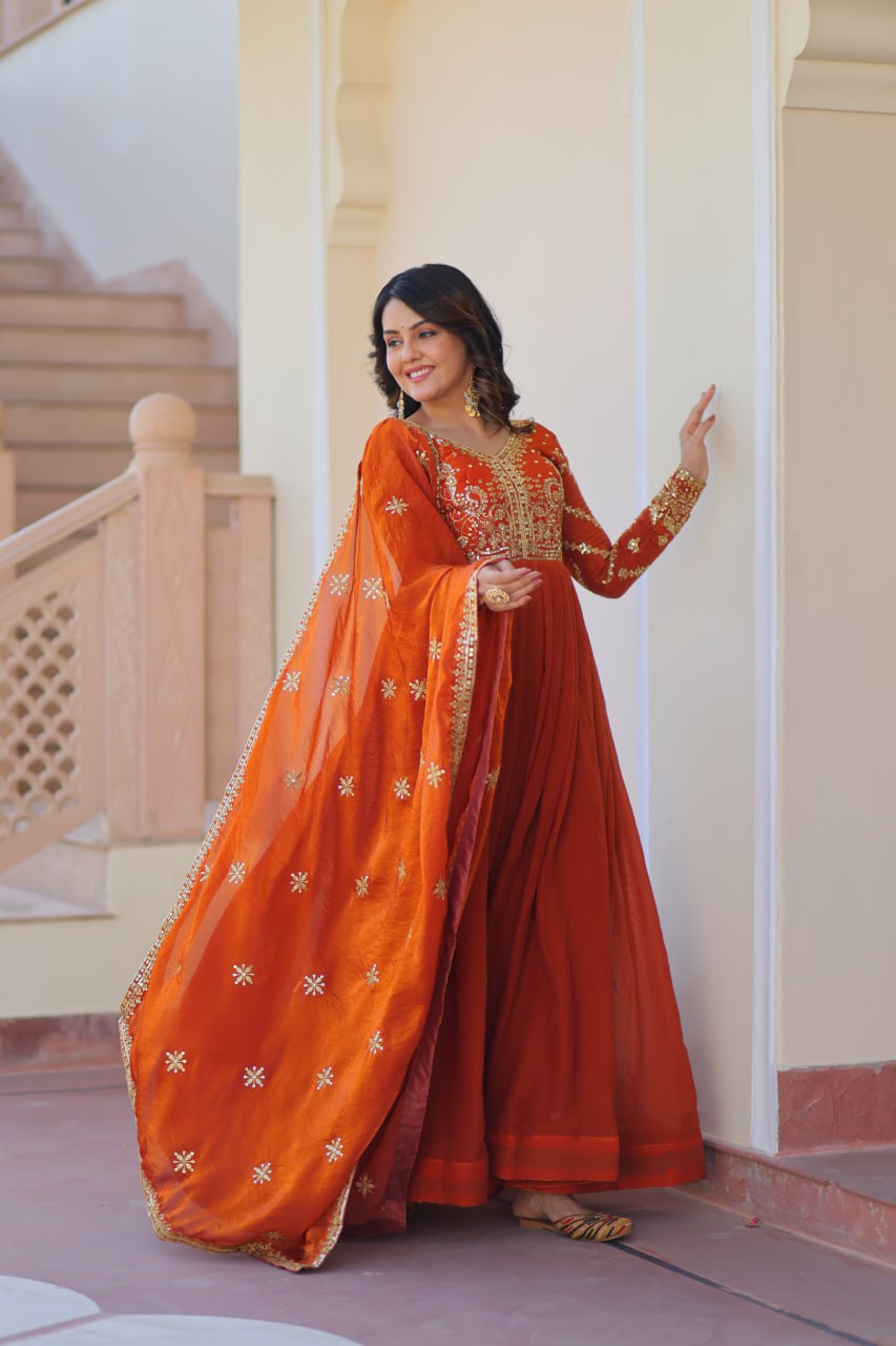 Exquisite Fendy Silk Zari Sequins Worked Gown With Dupatta