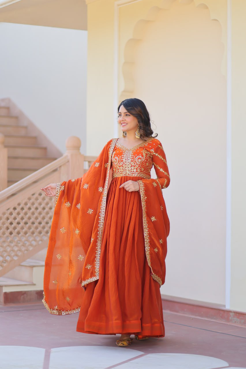 Exquisite Fendy Silk Zari Sequins Worked Gown With Dupatta