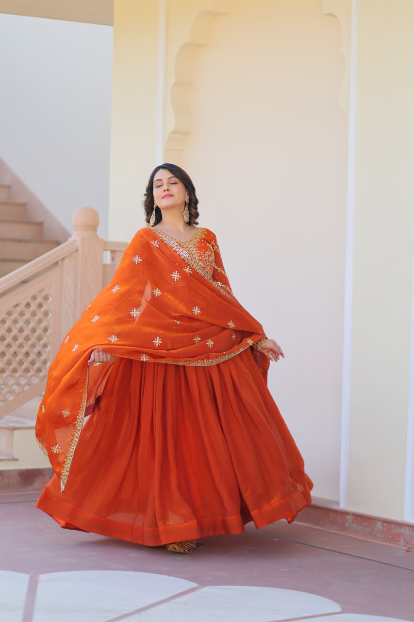 Exquisite Fendy Silk Zari Sequins Worked Gown With Dupatta