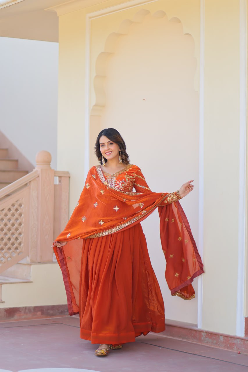 Exquisite Fendy Silk Zari Sequins Worked Gown With Dupatta