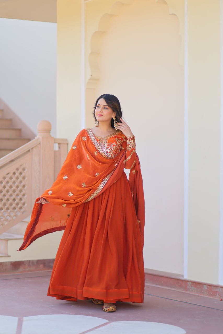 Exquisite Fendy Silk Zari Sequins Worked Gown With Dupatta