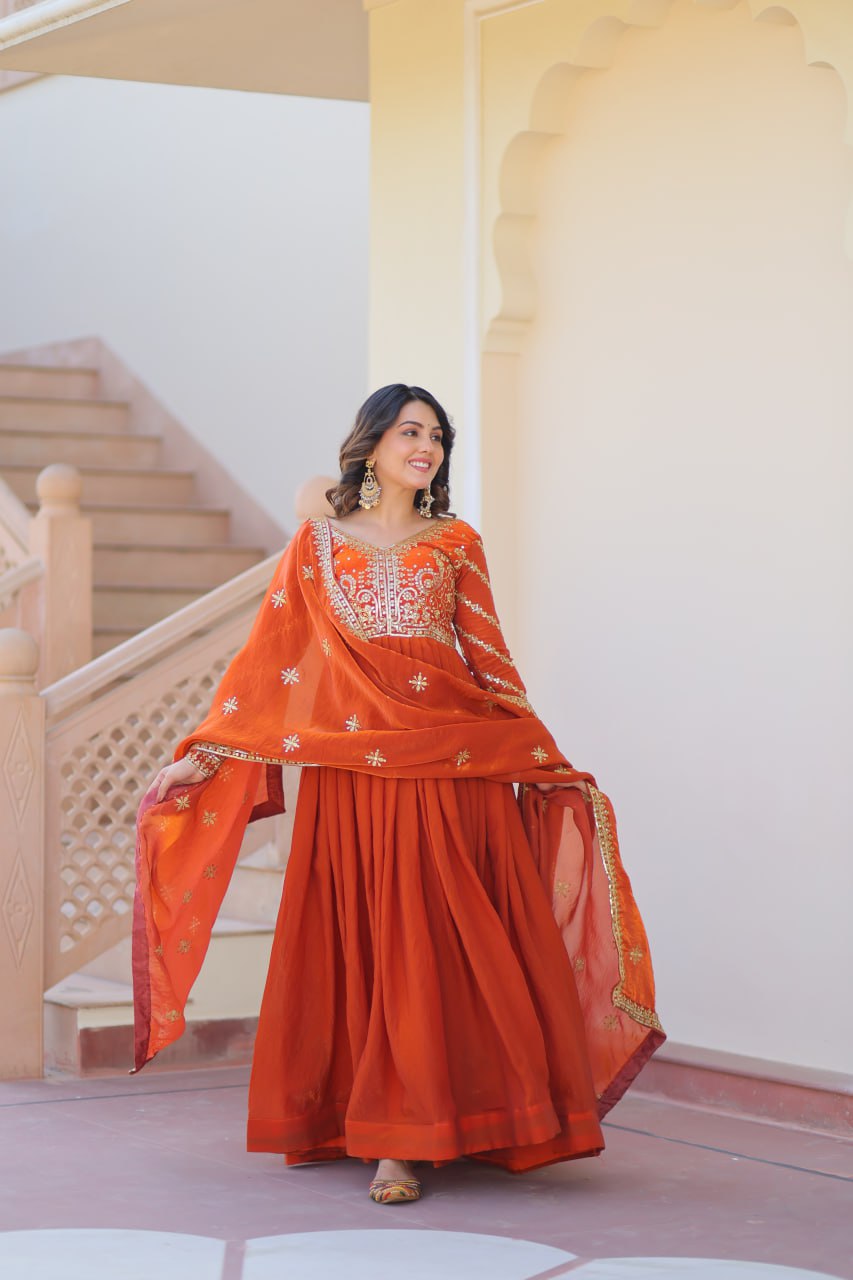 Exquisite Fendy Silk Zari Sequins Worked Gown With Dupatta