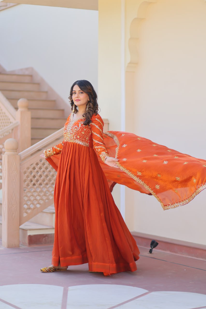 Exquisite Fendy Silk Zari Sequins Worked Gown With Dupatta