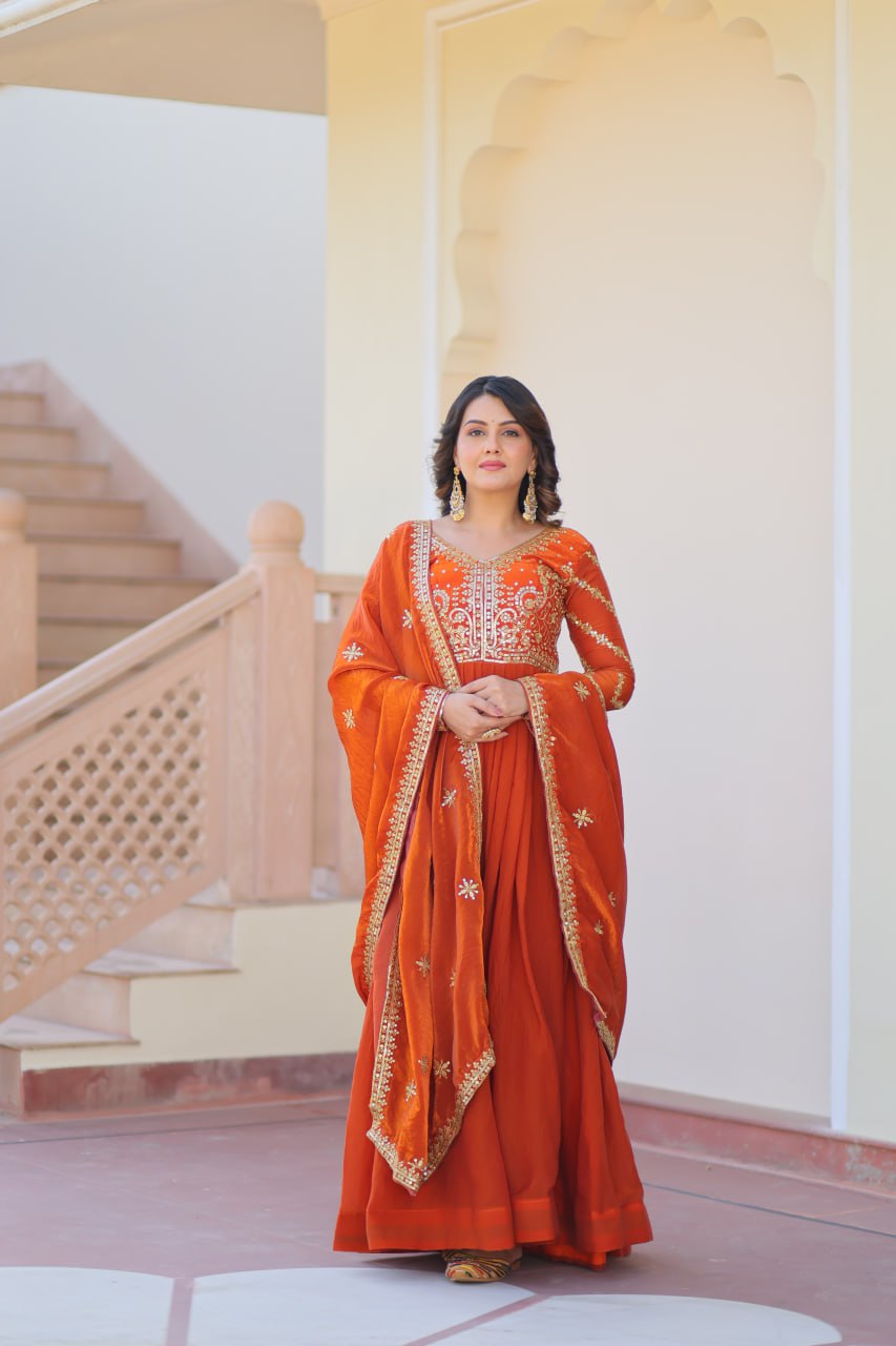 Exquisite Fendy Silk Zari Sequins Worked Gown With Dupatta