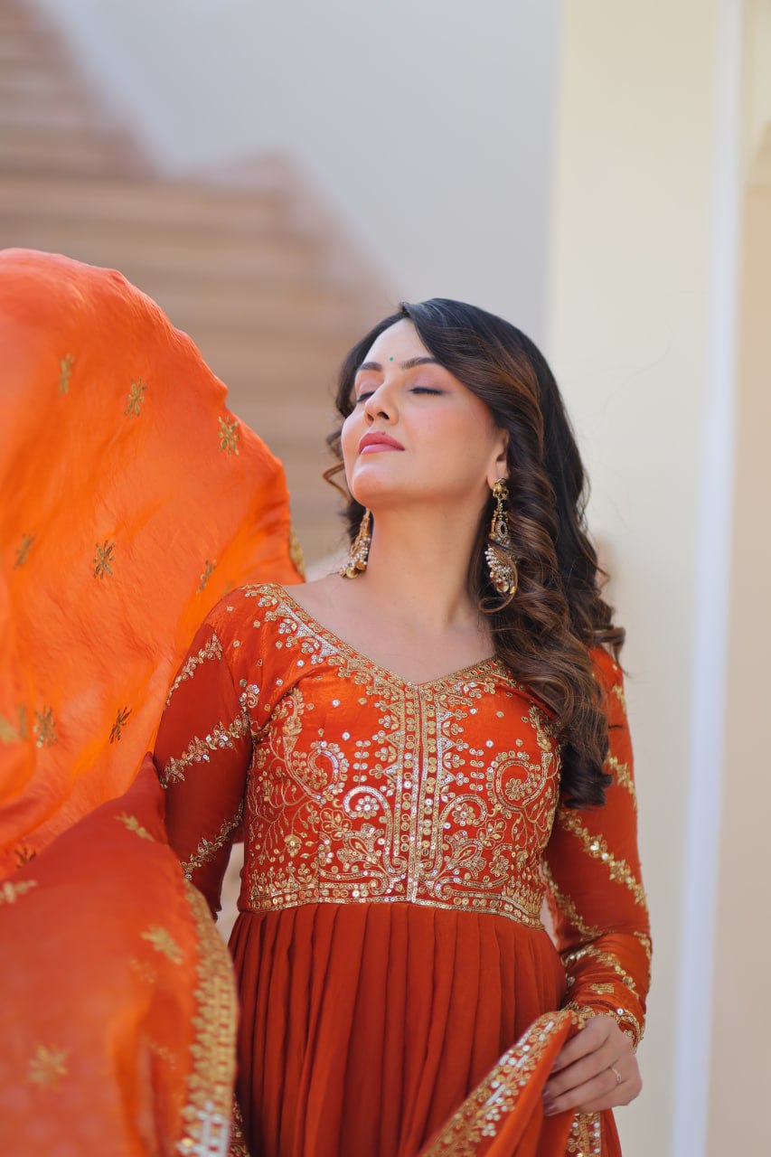 Exquisite Fendy Silk Zari Sequins Worked Gown With Dupatta