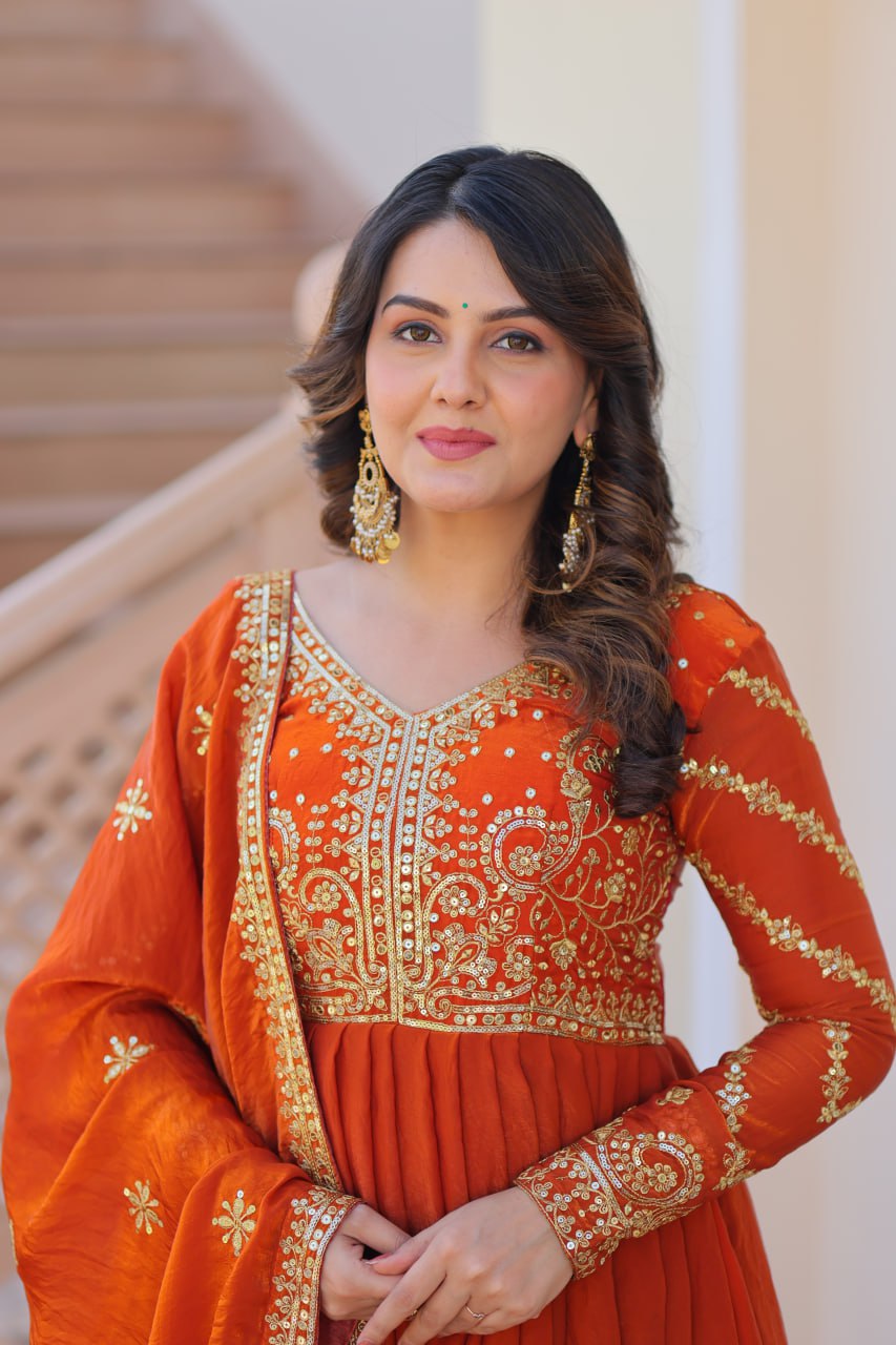 Exquisite Fendy Silk Zari Sequins Worked Gown With Dupatta