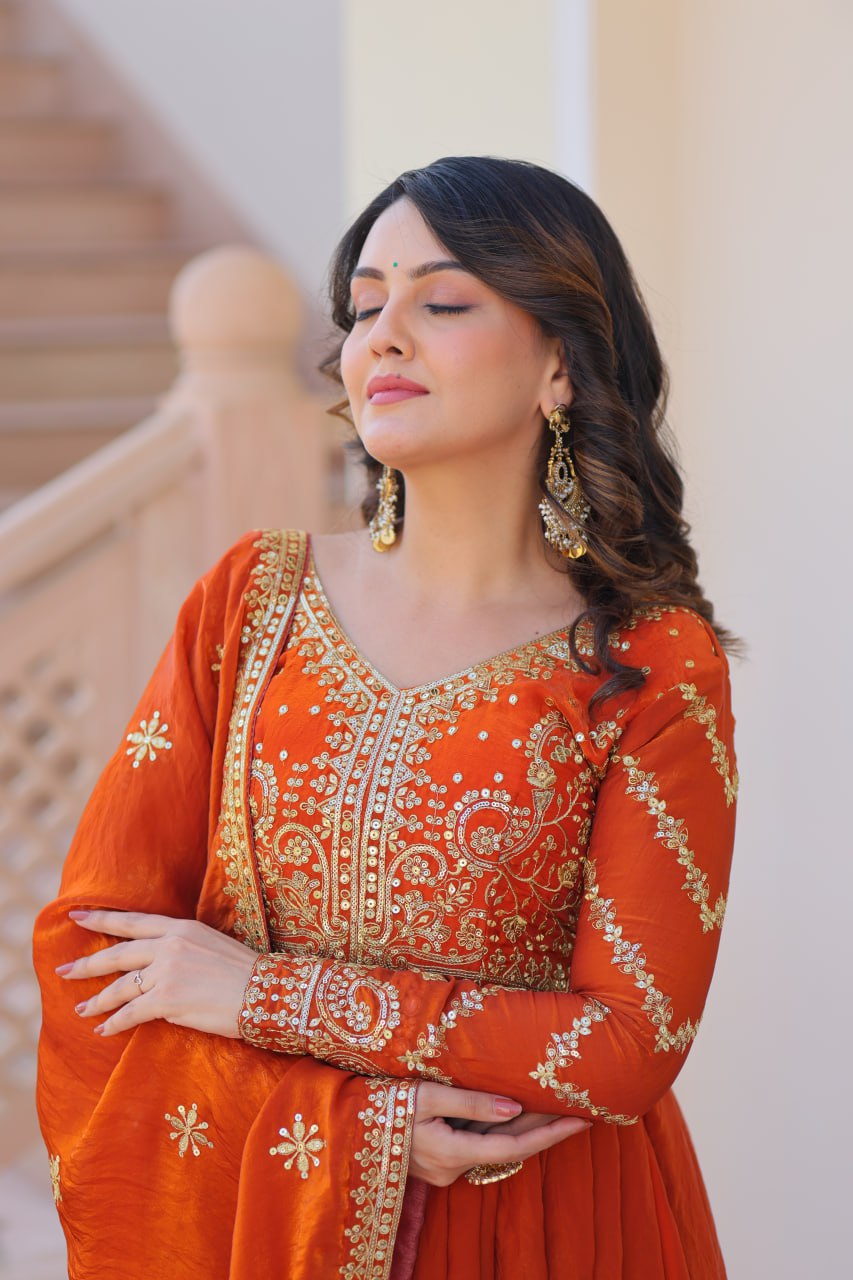 Exquisite Fendy Silk Zari Sequins Worked Gown With Dupatta