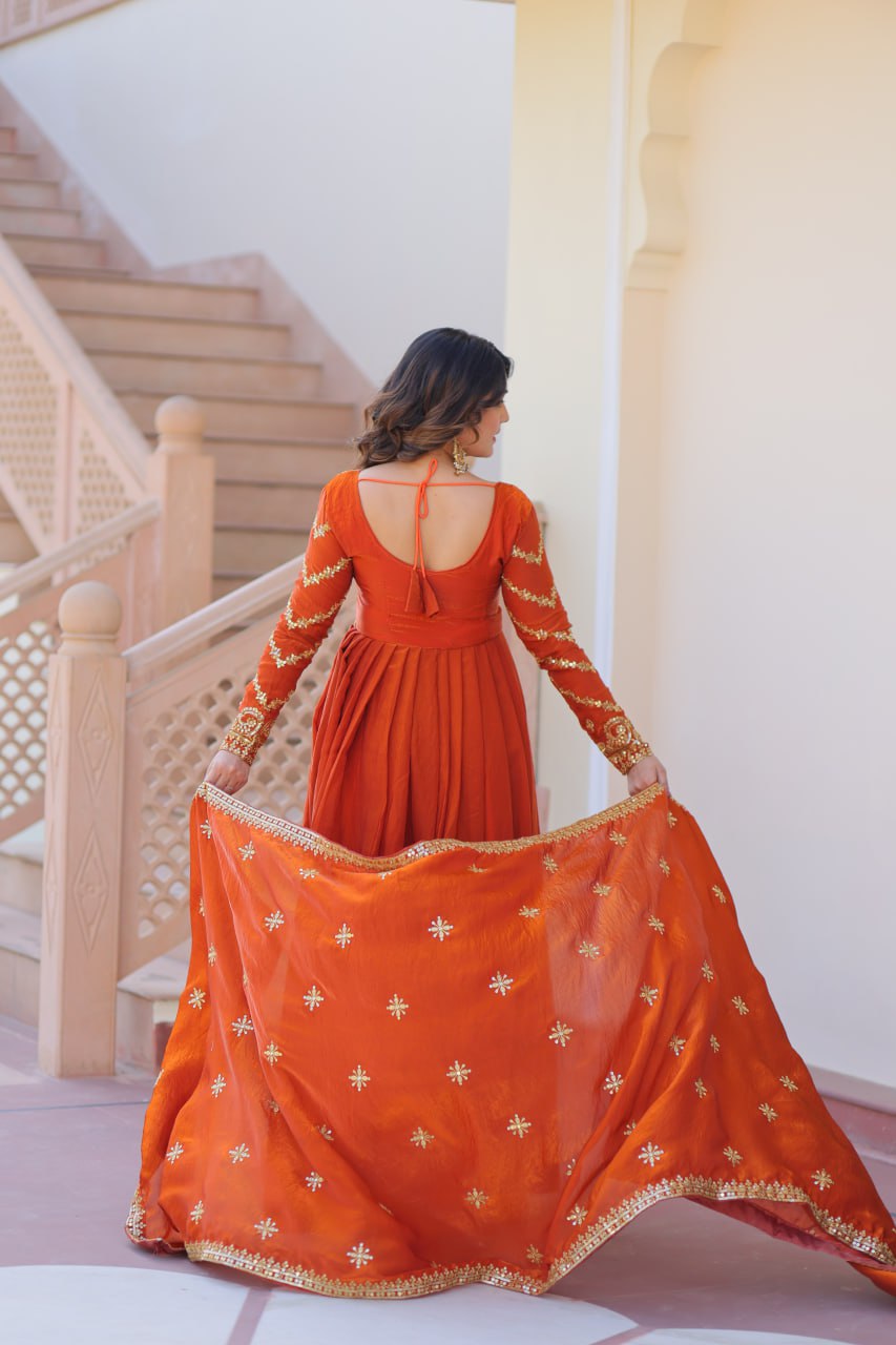 Exquisite Fendy Silk Zari Sequins Worked Gown With Dupatta