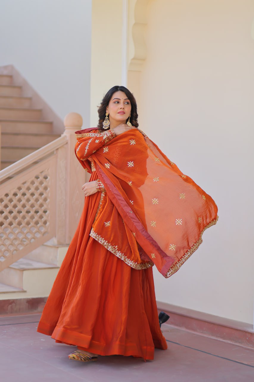 Exquisite Fendy Silk Zari Sequins Worked Gown With Dupatta