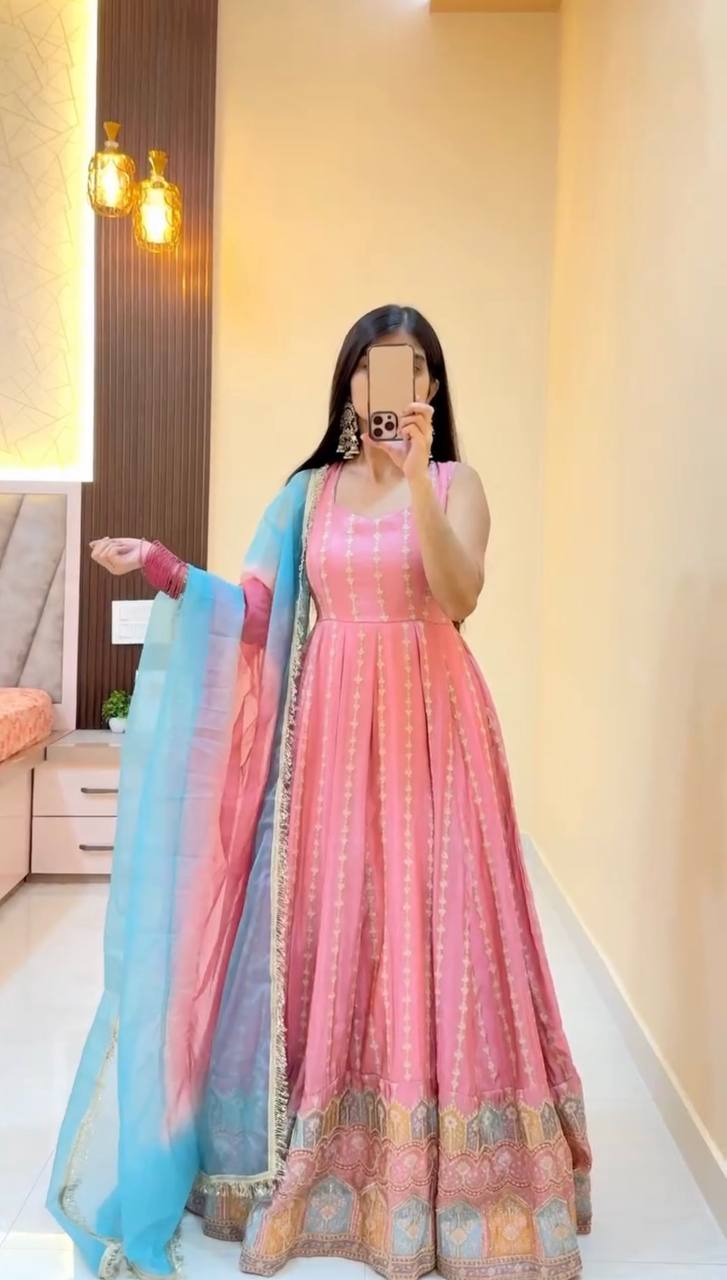 Pastel Pink Chinon Silk Anarkali Suit Set