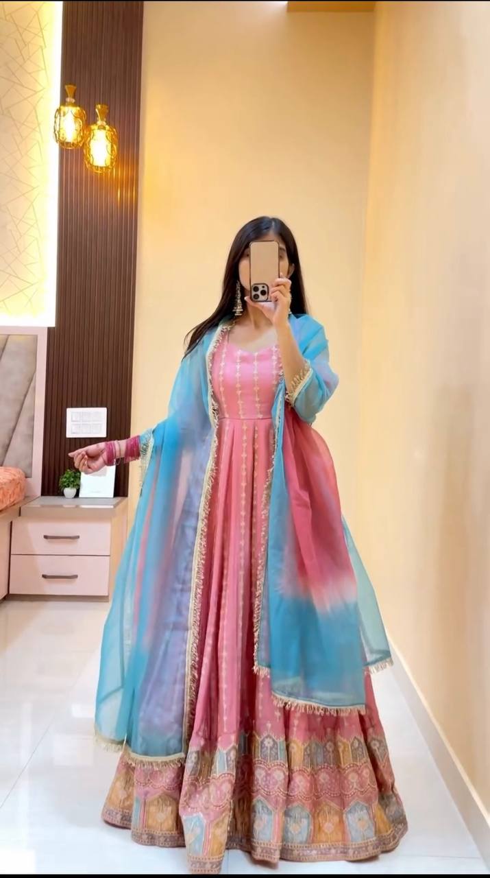 Pastel Pink Chinon Silk Anarkali Suit Set
