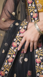 Black and Mustard Yellow Embroidered Lehenga Choli with Floral Dupatta