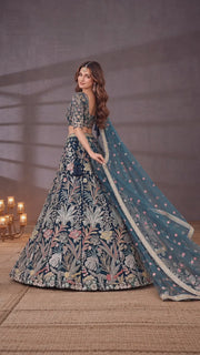 Teal Blue Floral Embroidered Bridal Lehenga Choli with Sheer Dupatta