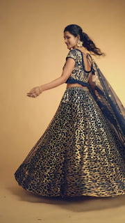 Navy Blue and Gold Embroidered Lehenga Choli with Dupatta