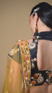 Black and Golden Beige Embroidered Lehenga Choli with Sheer Dupatta