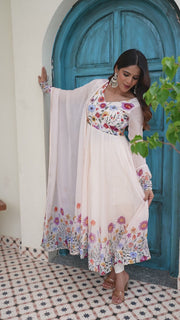 White Floral Printed Anarkali Kurta Set with Pants