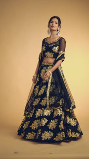 Black Lehenga Choli with Gold Floral Embroidery and Sheer Dupatta