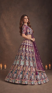 Elegant Wine Purple Floral Embroidered Lehenga Choli with Dupatta