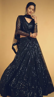 Black Sequins Lehenga Choli with Sheer Dupatta – Party Wear