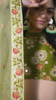 Sage Green Lehenga Choli with Olive Blouse and Floral Embroidered Dupatta