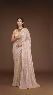 Champagne Gold Sequin Work Party Wear Saree