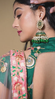 Peach Pink Embroidered Lehenga Choli with Emerald Green Blouse