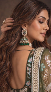 Olive Green Floral Embroidered Lehenga Choli with Sheer Dupatta
