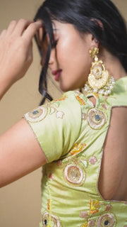 Olive Green Lehenga Choli with Pastel Green Blouse and Floral Embroidery