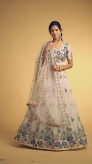Blush Pink Lehenga Choli with Floral Embroidery and Sheer Dupatta