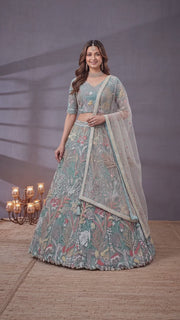 Elegant Sky Blue Floral Embroidered Lehenga Choli with Dupatta