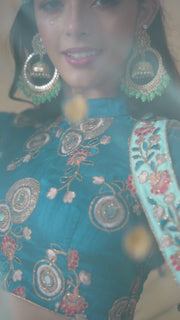 Aqua Blue Embroidered Lehenga Choli with Teal Blouse and Sheer Dupatta