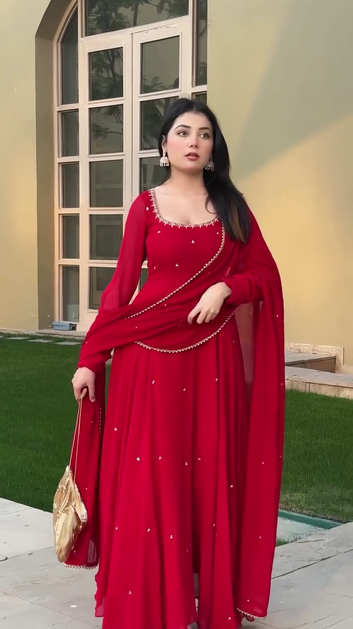 Beautiful Radiant Red Hand Work Festive Anarkali Set