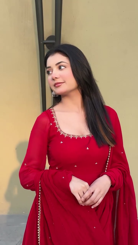 Beautiful Radiant Red Hand Work Festive Anarkali Set