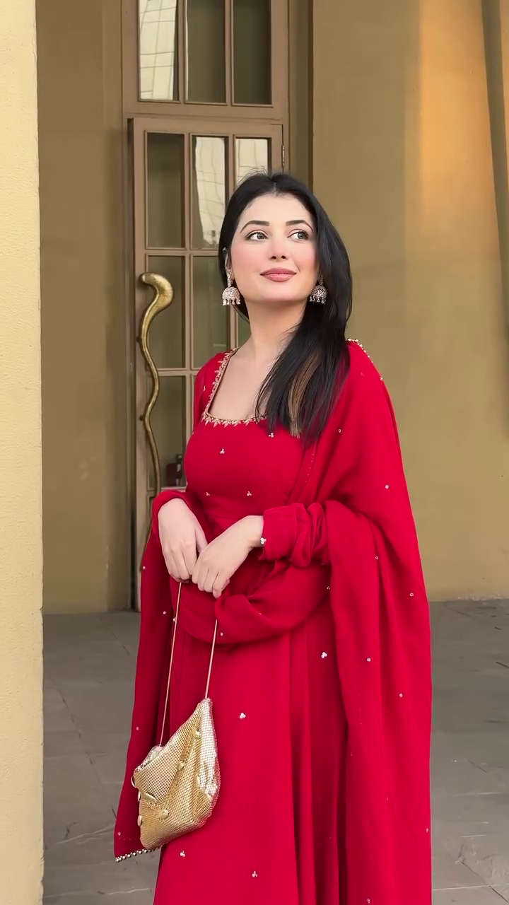 Beautiful Radiant Red Hand Work Festive Anarkali Set